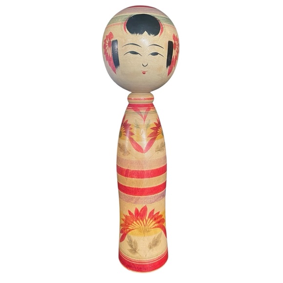 Signed Kokeshi with red flower motives 13” Japanese Wooden Doll